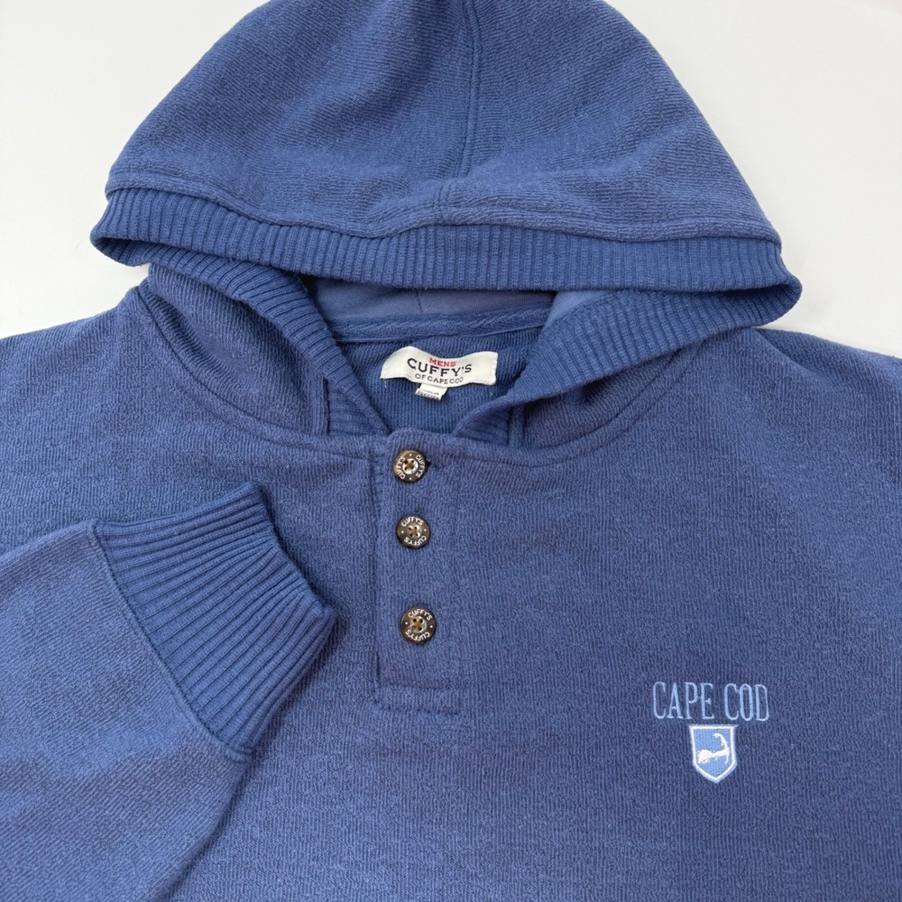 Cuffy's of Cape Cod Mens Blue Henley Hoodie Fleece Pullover Large RN119113